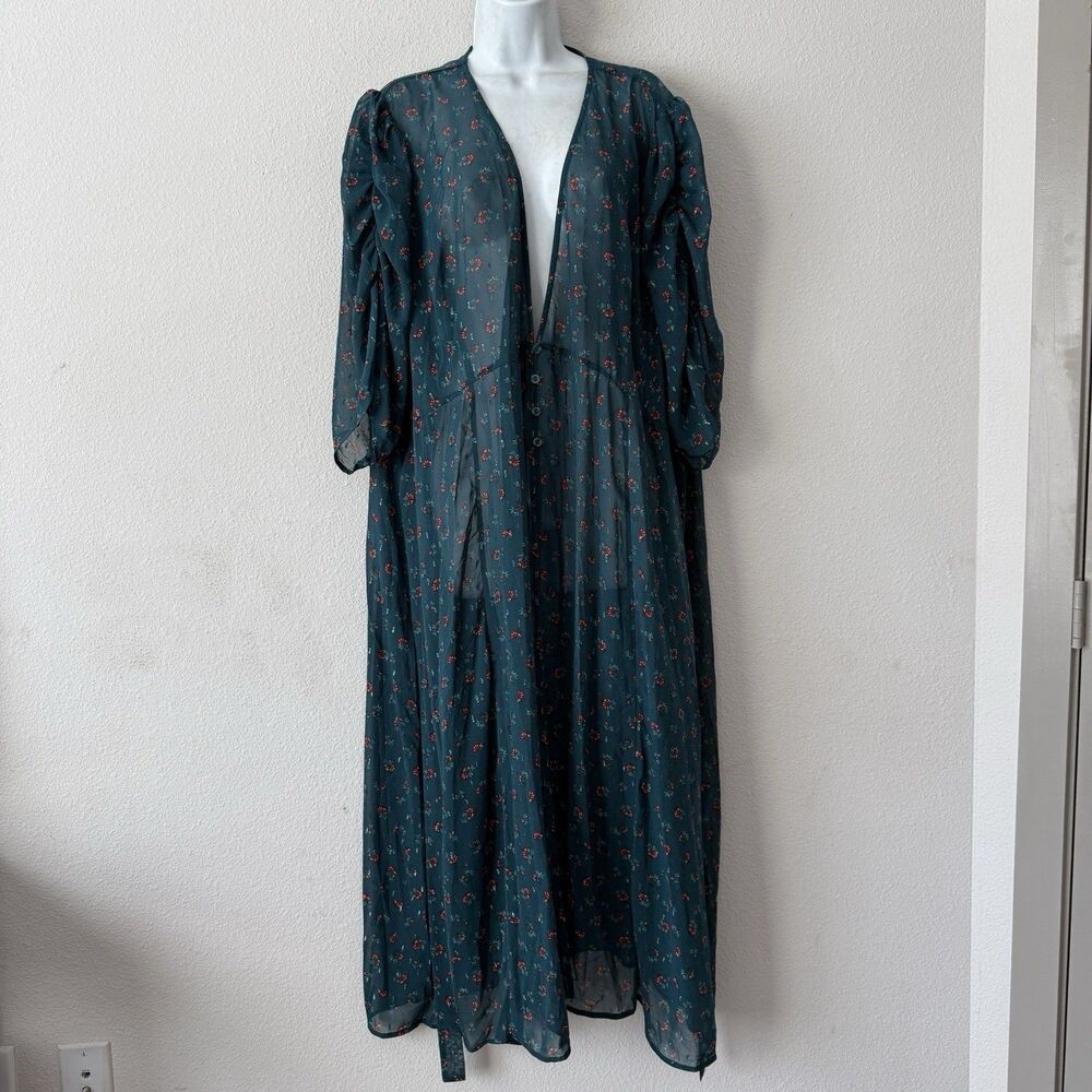 Torrid 4X 26 Floral Teal Chiffon Kimono Ruched Sleeve Maxi Cardigan Duster NWT